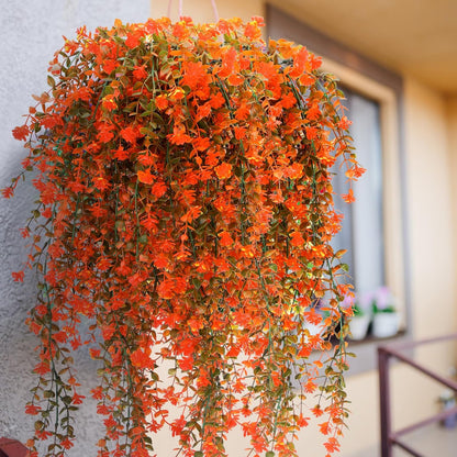 6 Pcs Artificial Fall Hanging Flowers Outdoor Silk Mum Plants Autumn Decor Faux Violet with Eucalyptus Realistic UV Resistant Trailing Vine Thanksgiving Porch Yard(Fresh Color,Plastic Style)