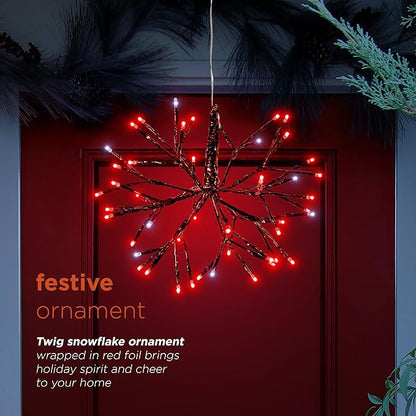 Alpine Corporation 10" H Indoor Christmas Twig 3D Hanging Snowflake Ornament with LED Lights, Red, Christmas Decoration