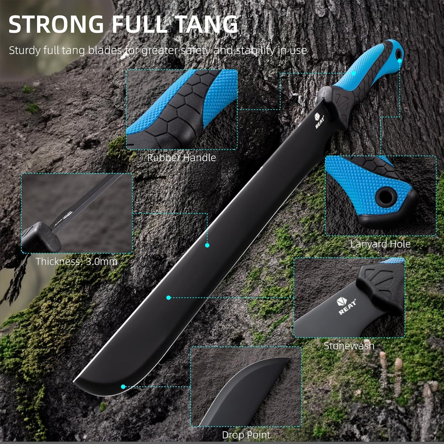 REAT Gardening Heavy Duty Machete,24" Full Tang Machete with Shaeth,Ergonomic No-Slip Handle,Machetes for Bushcraft, Outdoor Hunting, Garden Cutting Trees and Yard Work (Blue)