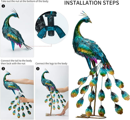 Kircust Metal Peacock Sculptures - Set of 2 Outdoor Garden Yard Art, Durable Weather-Resistant Lawn Statues, Hand-Painted, 30.7" H - Ideal for Backyard, Patio, and Porch Decor