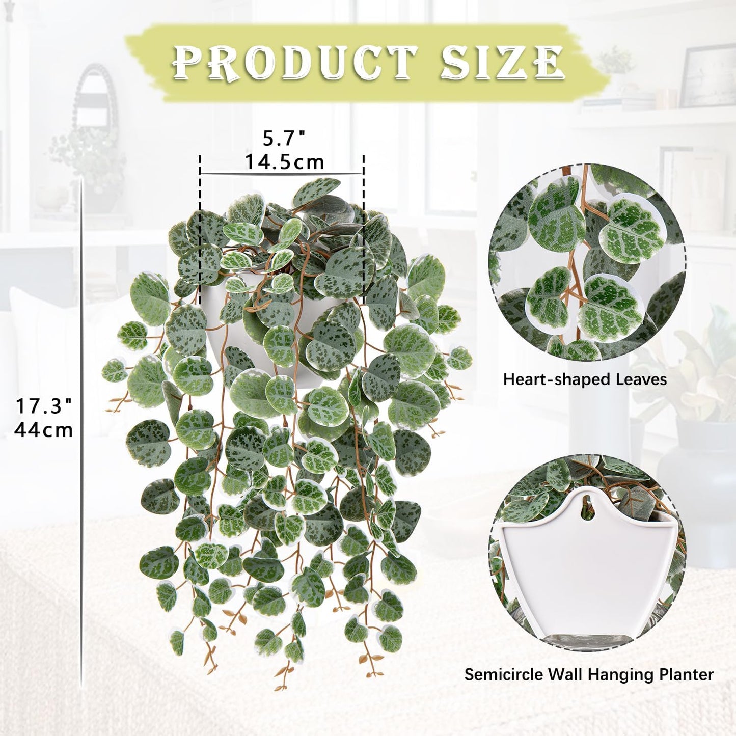 Briful Faux Hanging Plants Indoor 17'' Artificial String of Heart Plants with Semicircle Wall Mount Planter Faux Draping Vine Plants for Home Office Bathroom Hanging Decor (Green White)