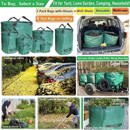 Professional 3-Pack 106 Gallons Lawn Garden Bags (D31, H31 inches) Reusable Yard Leaf Waste Bags with Coated Gardening Gloves - Storage Bag,Patio Bag,Laundry Container,Trash Can with 4 Handles