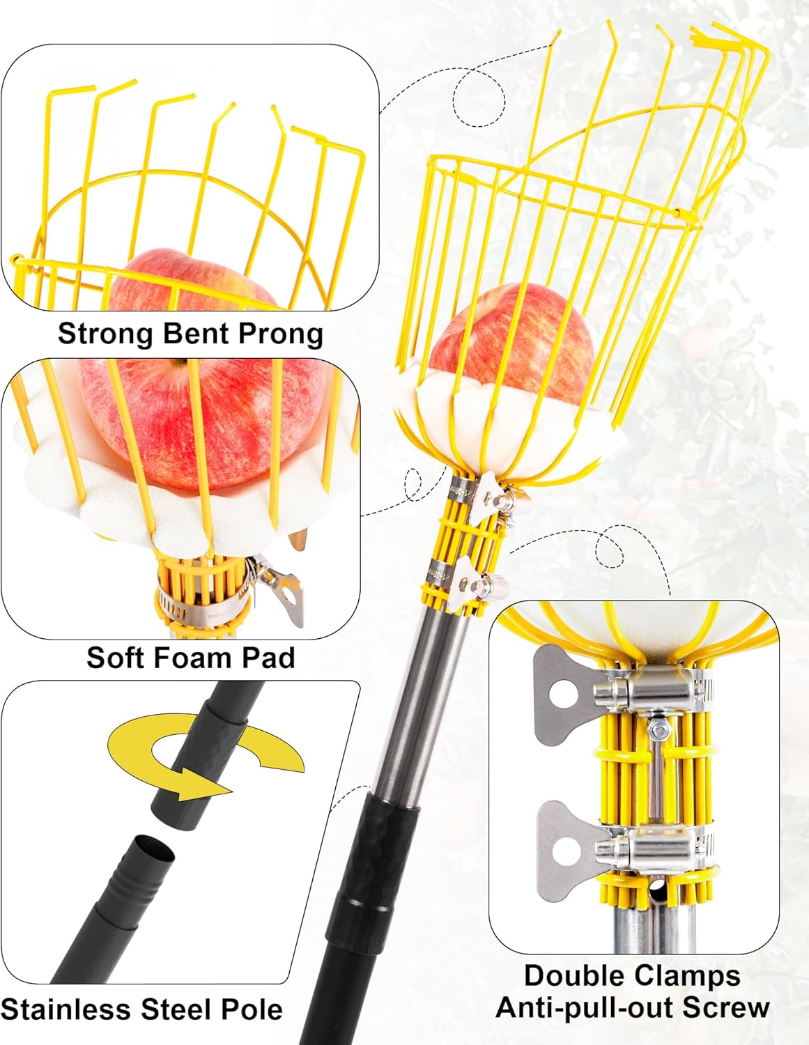 6.5FT Fruit Picker, Apple Picker Tool with Adjustable Pole and Basket, Long Reach Mango Grabber Tool, Tree Fruit Catcher for Picking Lemon Pear Orange Avocado Peach Citrus