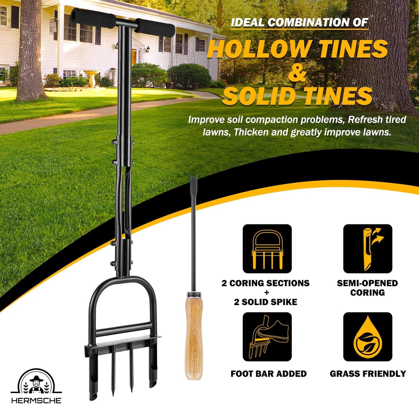 Lawn Aerator Coring Tool, Manual Plug Core Aerators with Cleaning Stick, 2 Half-Open Hollow Slot Tines and 2 Spike Heavy Duty Grass Aeration Tool for Soils Yard Garden
