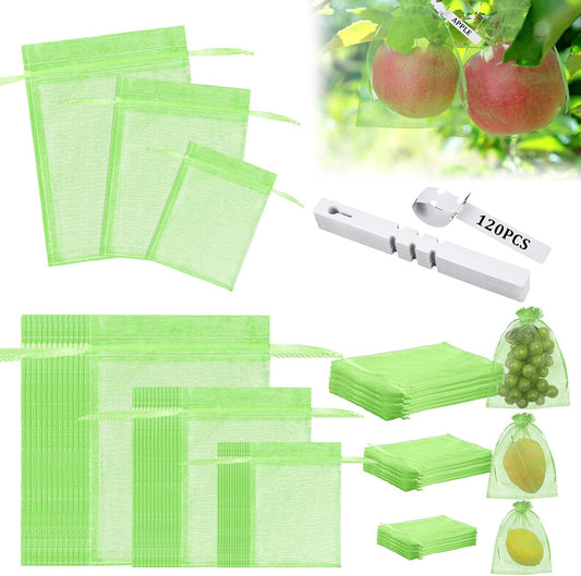 120 Pcs Fruit Protection Bags 3 Size Green Mesh Bags for Fruits Vegetables with 120 Pcs Plant Label Drawstring Mesh Pest Barrier Netting Cover for Veggies Garden