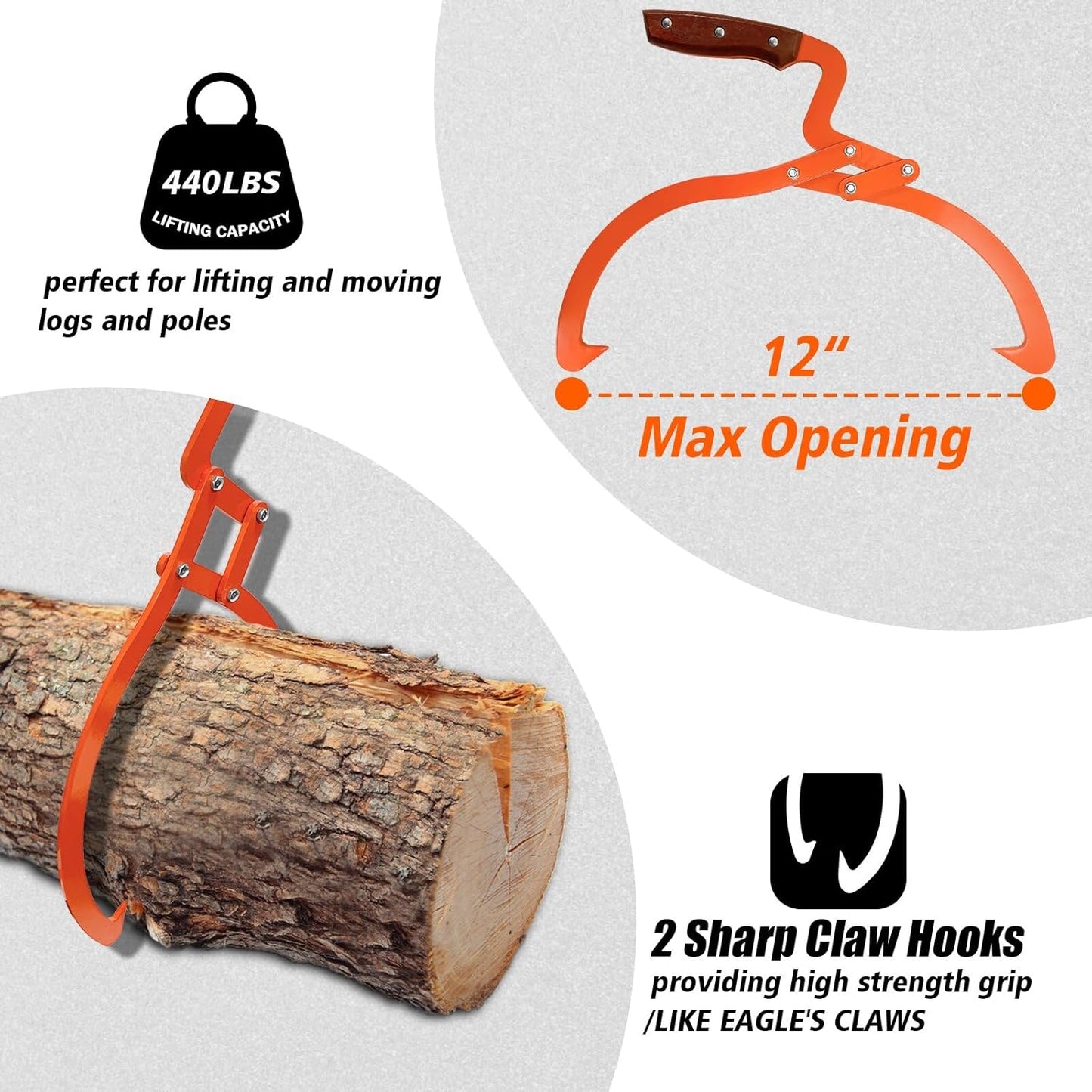 Log Tongs Grabber 12", 440LBS 2 Claw Logging Skidding Tongs Grapple Lifting, with Handle Non-Slip Grip Hook, Dragging Carrying Logging Tool Equipment