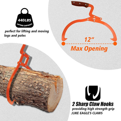 Log Tongs Grabber 12", 440LBS 2 Claw Logging Skidding Tongs Grapple Lifting, with Handle Non-Slip Grip Hook, Dragging Carrying Logging Tool Equipment