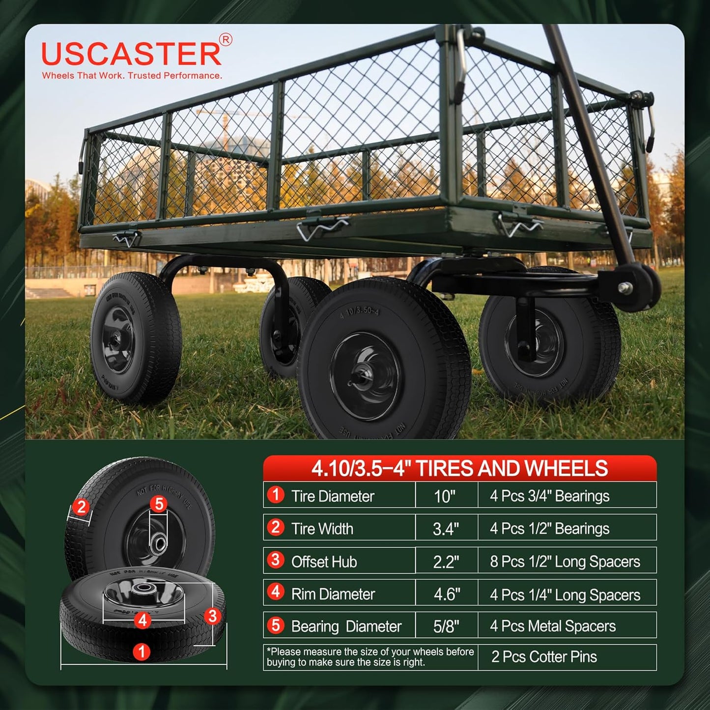 4.10/3.50-4 Tire and Wheel Flat Free,10-Inch Solid Wheel Replacement with 5/8 Extra 3/4 &1/2 Bearings,2.2" Offset Hub -Compatible with Hand Truck,Wheelbarrow,Dolly(Wave,Black)