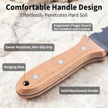 WILLKOMMEN Hori Hori Garden Knife- Garden Tools with Rugged Oxford Cloth Sheath, 7" Stainless Steel Blade for Digging, Weeding & Planting Full Tang Beechwood Handle (Pointed Tip)