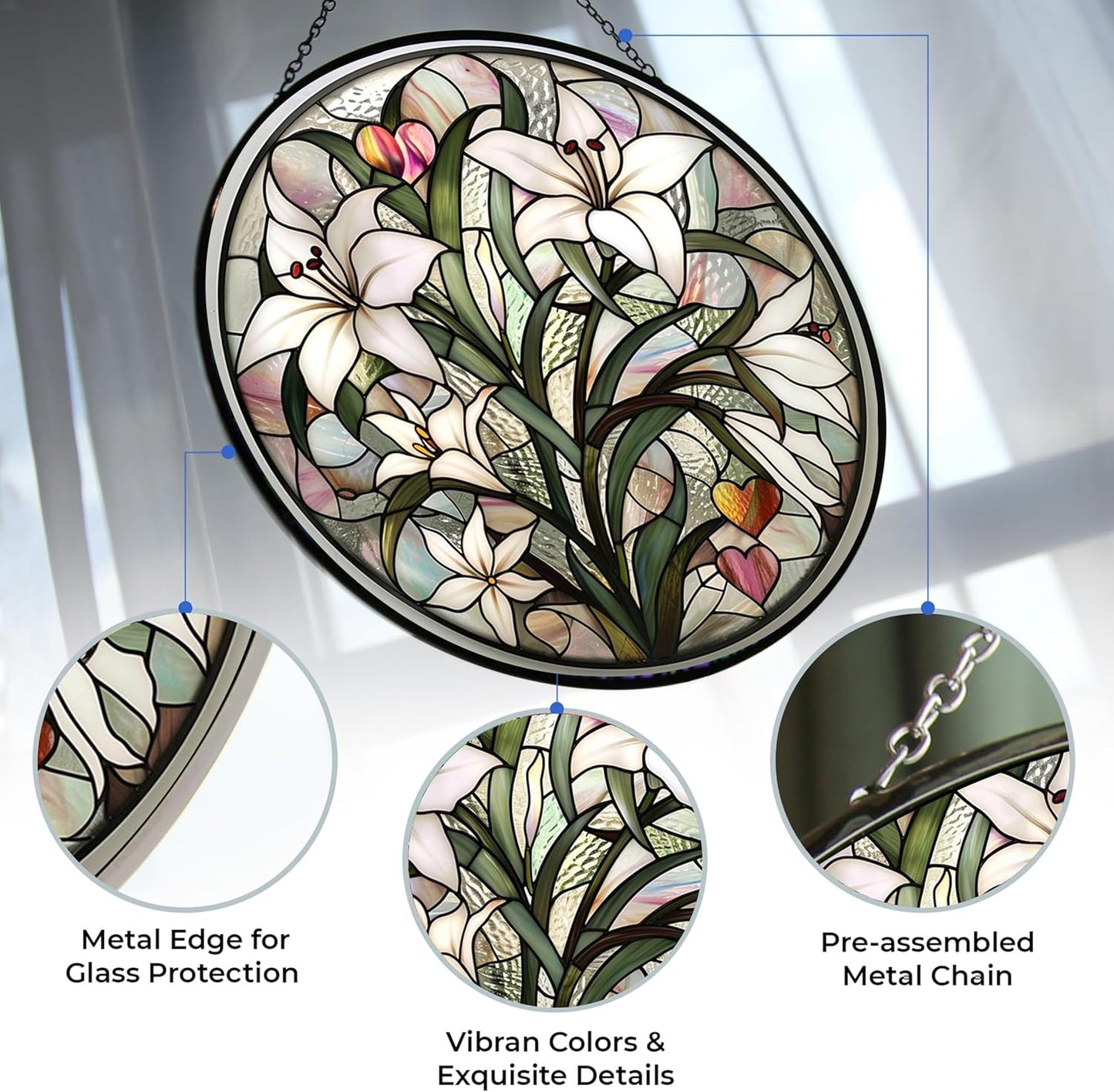 Valentine Lily Suncatchers for Windows,6.3” Stained Glass Window Hangings,Hand-Painted Glass Panel Perfect for Home Décor