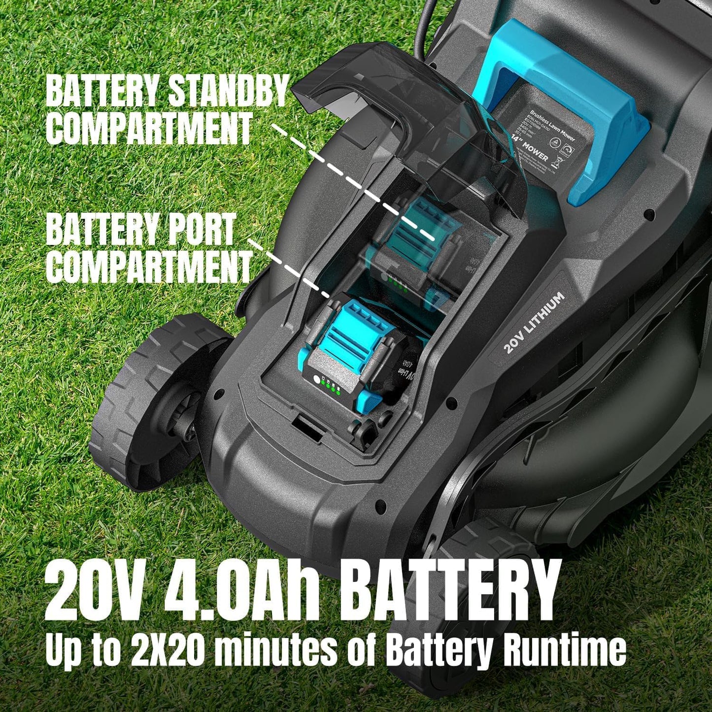 Electric Lawn Mower with Brushless Motor, 20V 13.2 inch Cordless Lawn Mower with 5-Position Cutting Height Adjustment, 2x4.0Ah Battery and Charger Included