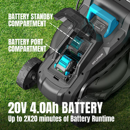 Electric Lawn Mower with Brushless Motor, 20V 13.2 inch Cordless Lawn Mower with 5-Position Cutting Height Adjustment, 2x4.0Ah Battery and Charger Included