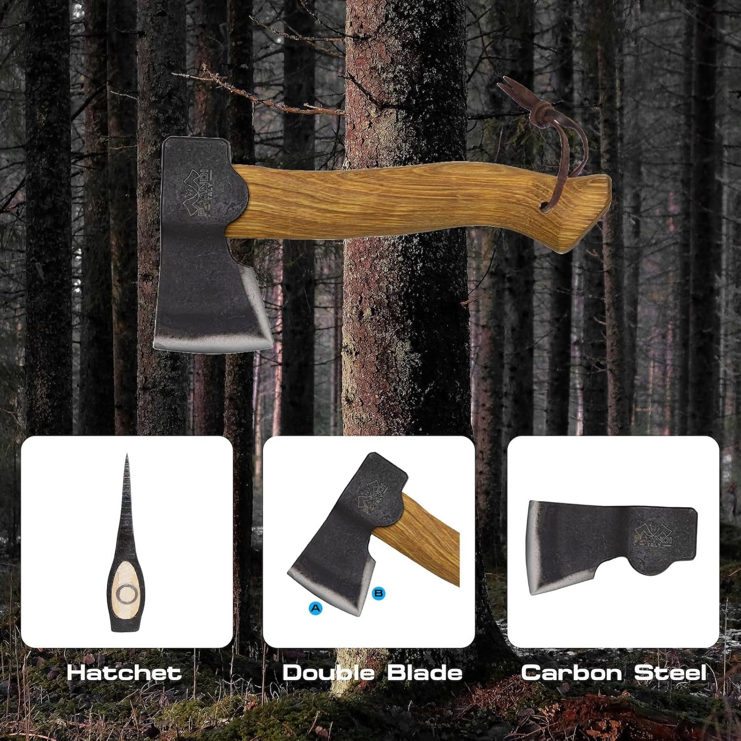 Prandi Segurin Hatchet 88 lb - Hickory Handle 11in with Leather String - Ideal for Camping, Travel and Bushcraft - Made in Italy