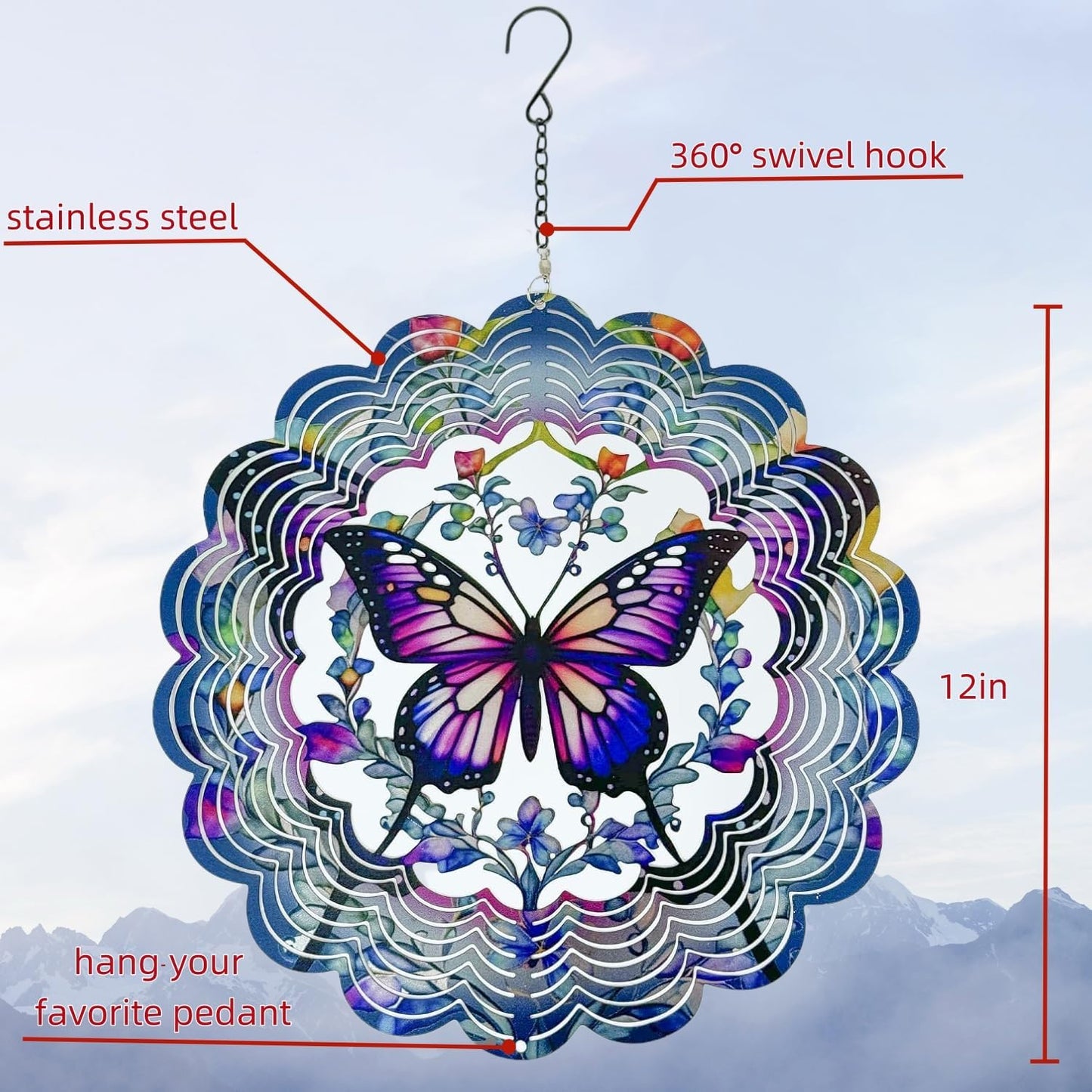 Metal Wind Spinners Outdoor Hanging Wind Spinner for Yard and Garden Decor for Outside-12In 3D Stainless Steel Butterfly Wind Chime Gifts for Women Mom