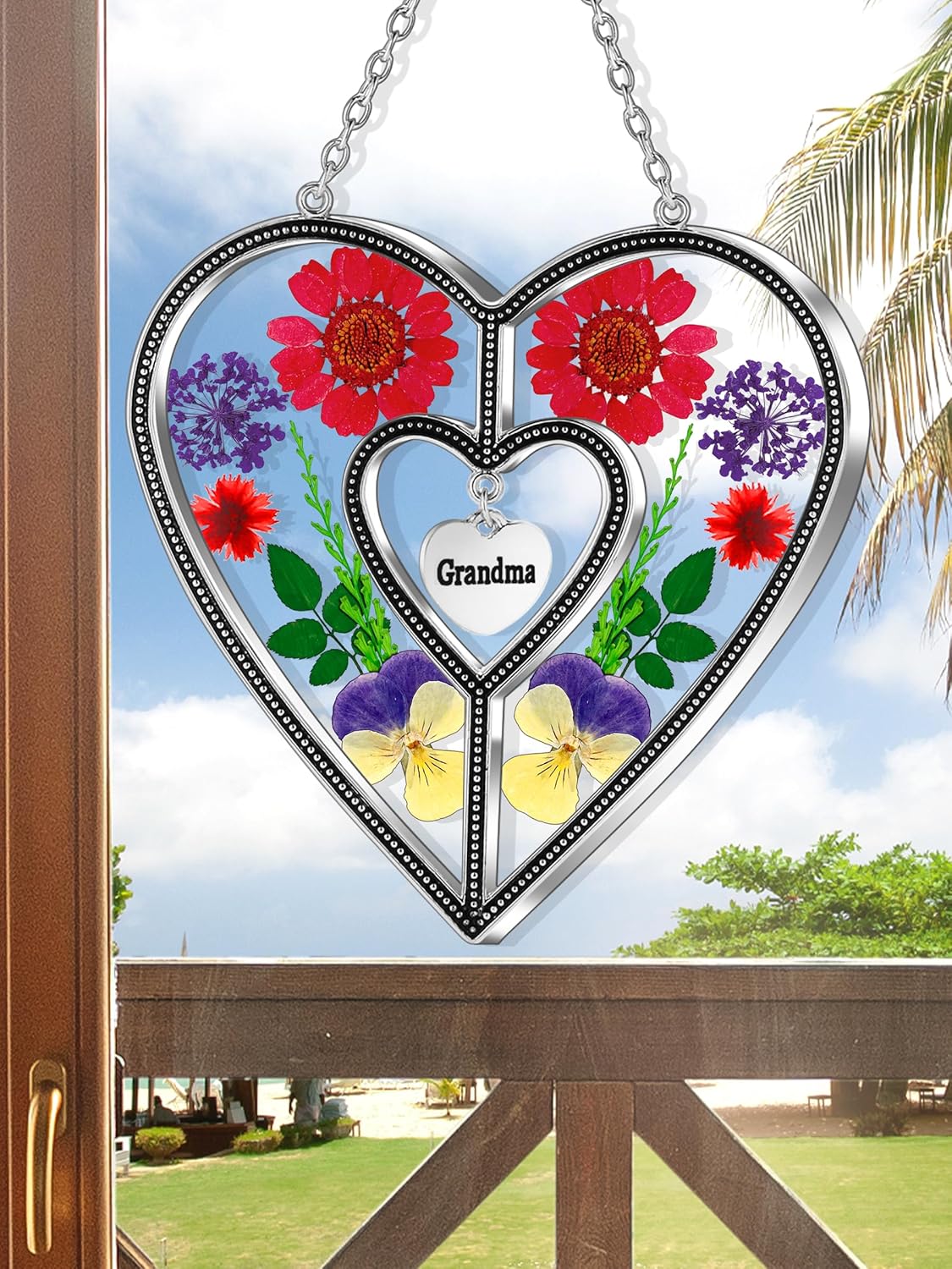 KY&BOSAM Suncatcher Grandma Gifts Heart Stained Glass Wind Chimes for Outside Really Flower Colorful with Meatl Grandma Heart Charm Outdoor for Garden Windows Indoor Home Trees Patio Yard Porch Decor