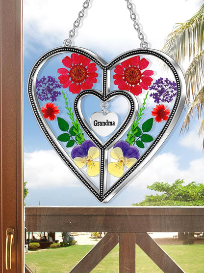 KY&BOSAM Suncatcher Grandma Gifts Heart Stained Glass Wind Chimes for Outside Really Flower Colorful with Meatl Grandma Heart Charm Outdoor for Garden Windows Indoor Home Trees Patio Yard Porch Decor