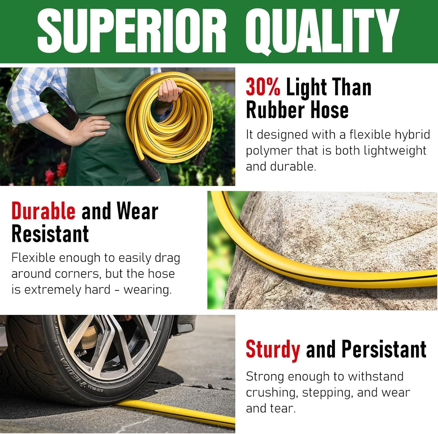 Heavy Duty Garden Hose 75ft x 5/8", NON-EXPANDABLE Flexible Water Hose for Outside, Kink Resistant Lightweight Hybrid Hose, Leakproof Rubber Hose for Outdoor, Yard, Car Wash, Garden