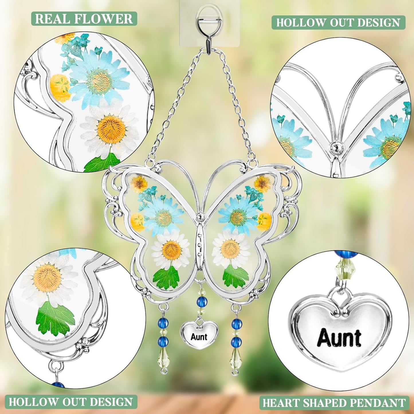LARAINE Butterfly Suncatcher with Pressed Flower Wings Mom Mother's Day Butterfly Glass Wind Chime Ornament Charm with Metal Heart Gifts for Mom Grandma Aunt Birthday (Aunt, Blue)