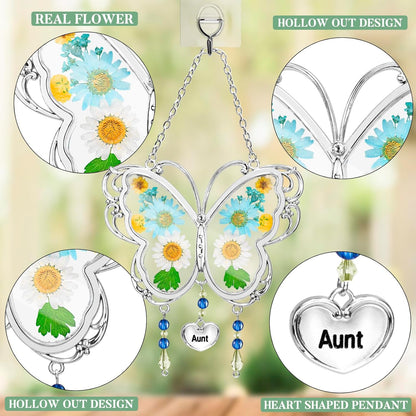 LARAINE Butterfly Suncatcher with Pressed Flower Wings Mom Mother's Day Butterfly Glass Wind Chime Ornament Charm with Metal Heart Gifts for Mom Grandma Aunt Birthday (Aunt, Blue)