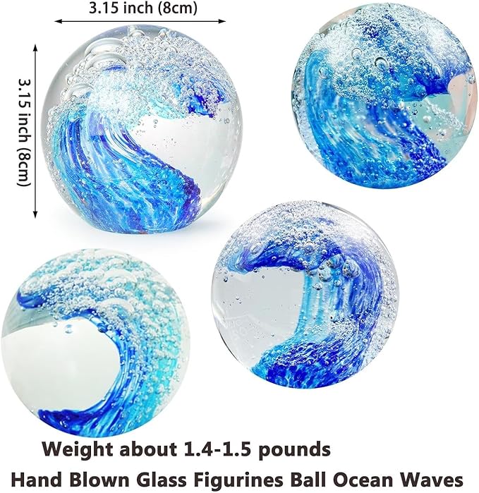 Decorative Crystal Ball Figurines Ocean Waves Paperweight Blown Glass Decor Sea Art Ocean Lovers Gift Blue 3.15"