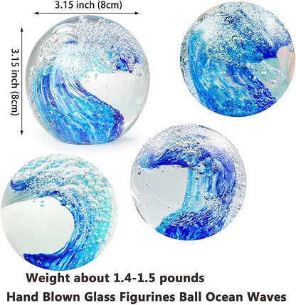 Decorative Crystal Ball Figurines Ocean Waves Paperweight Blown Glass Decor Sea Art Ocean Lovers Gift Blue 3.15"