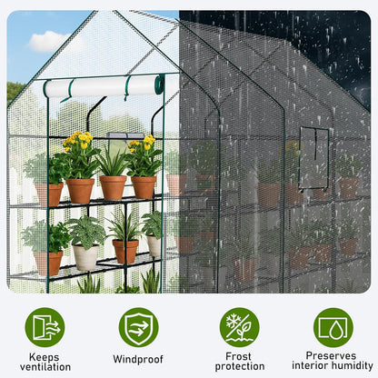 Outvita Walk-in Greenhouse, Outdoor Durable PE Plant Green House for Frost Protection with 3 Tiers 12 Shelves, Shelf Clips, Roll-up Zipper Door, 56"x85"x77" White