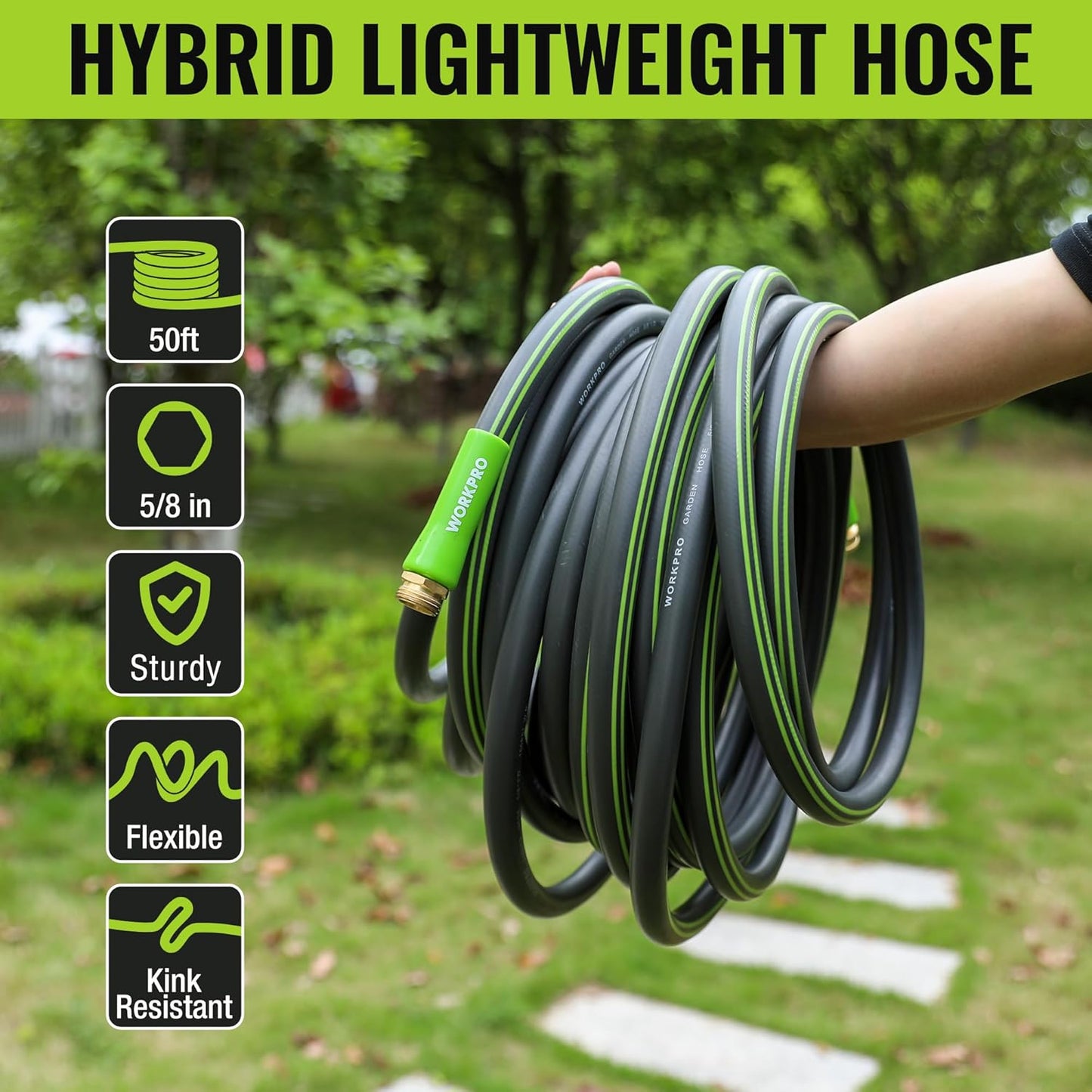 WORKPRO Garden Hose 5/8 IN x 50 FT, Heavy Duty, Flexible and Lightweight Water Hose with Rotary Handle, 3/4" GHT Solid Brass Fittings, for All-weather Outdoor, Lawn, Garden & Yard,Car wash