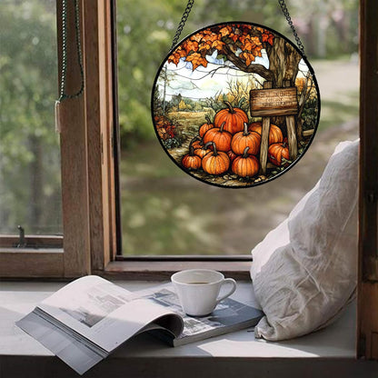Stained Glass Window Hanging Fall Farm Scenery Maple Trees Pumpkin 6.3" - Suncatcher Door Garden Kitchen Sun Catcher Autumn Decor Birthday for Mom Nana Men Woman Friend