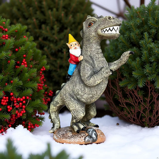 Funny Garden Gnome Riding Dinosaur Statue - Resin Outdoor Decor for Yard,Patio,Lawn - Whimsical Dinosaur Sculpture Gift for Garden Lovers