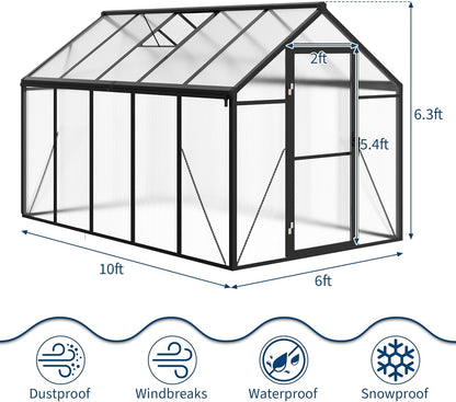 6x10 FT Greenhouse for Outdoors, Polycarbonate Greenhouse with Roof Vent, Ground Nails, Lockable Push Door, Aluminum Large Walk-in Green House for Outside Garden Backyard, Patio, Lawn, Black