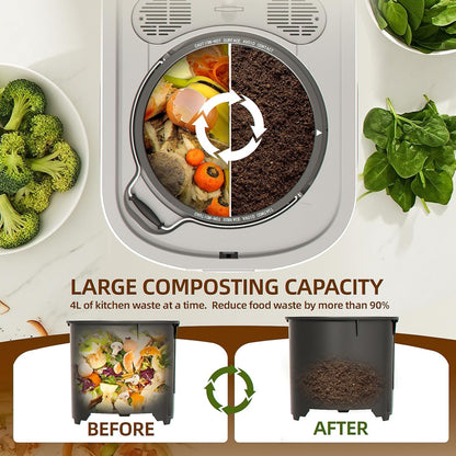 Compost Bin for Kitchen - 4L Countertop Composter with Odorless Auto-Cleaning, Turns Food Waste to Fertilizer in 5 Hours, for Indoor Home Use