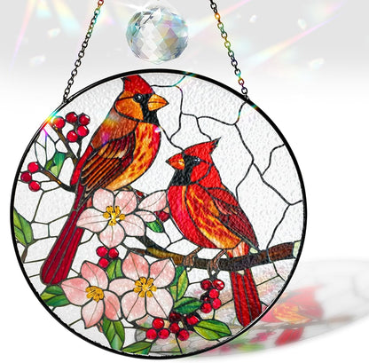 7.8" Cardinal Bird Stained Glass Suncatchers Crystal Art Glass Birds and Flowers for Sun Catcher Indoor Window Floral Gifts for Women Mom Grandma Nature Lovers Friend Painted Panel Décor BIRD-66B-SG8