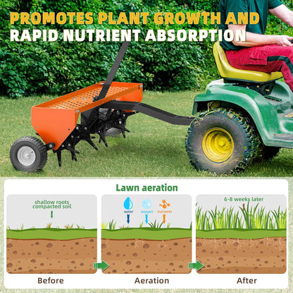 48" Lawn Aerator Tow Behind, Pull Behind Aerator with Universal Hitch, 32 Galvanized Steel Tines, Tray and Pneumatic Tires, Plug Behind Aerator is Suitable for Gardens, Lawns and Farms