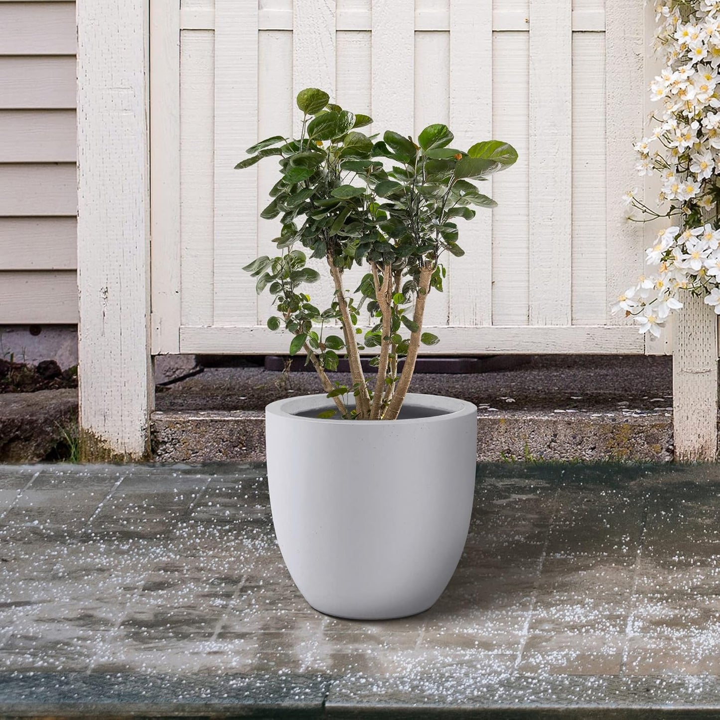 Kante 16.5" Dia Round Concrete Planter, Large Outdoor Modern Indoor Decorative Plant Pots with Drainage Hole and Rubber Plug for Home and Garden, Pure White