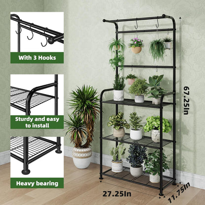 Plant Stand Outdoor Indoor, Metal 3 Tiered Tall Hanging Plant Shelf Heavy Duty for Multiple Flower Planter Holder 67" Large Rack for Living Room Garden Balcony, Black