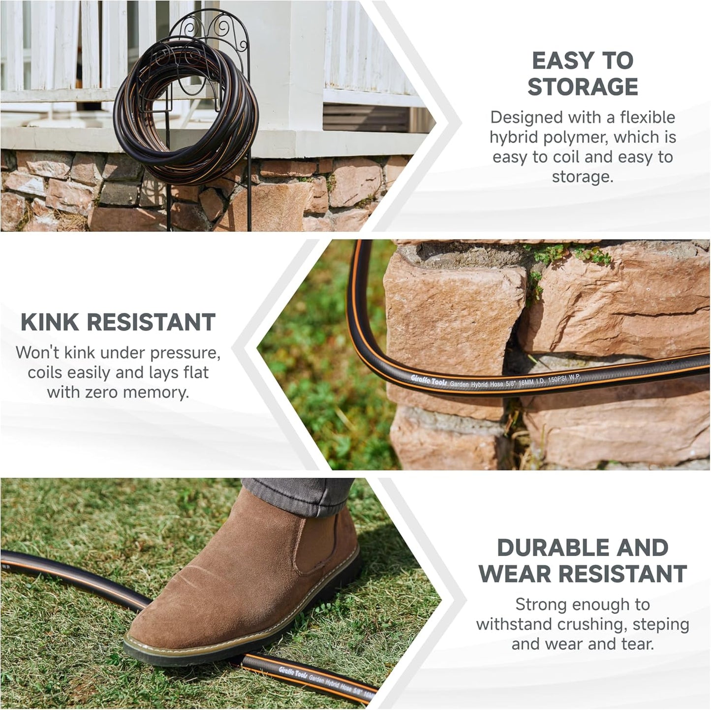 Giraffe Tools Leader Hose 12ft x 5/8", Custom Length, Heavy Duty, No Kink, Flexible, Rubber Garden Hose, Leakproof Water Hose with Female to Female Fittings, 600 Burst PSI