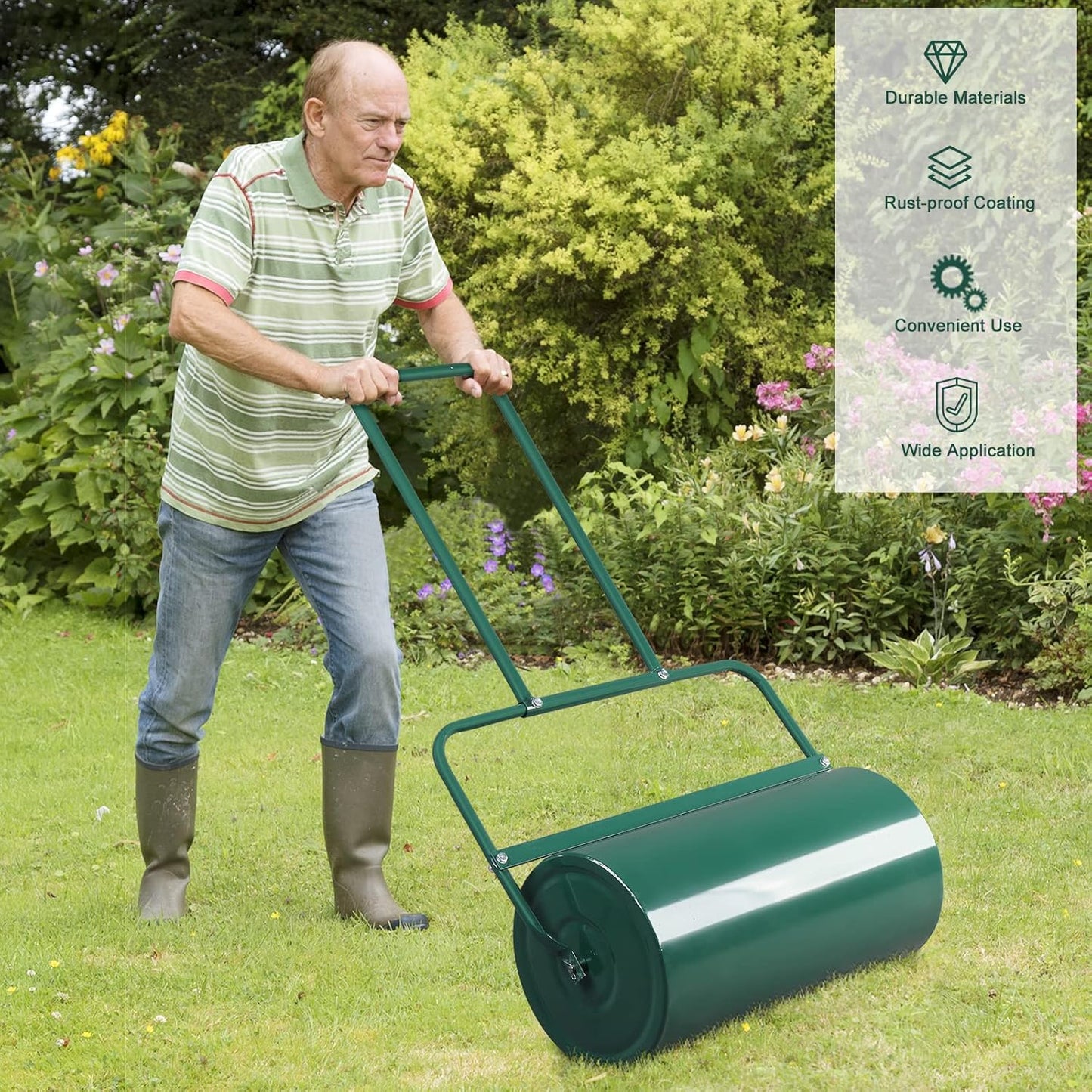 Outvita Lawn Roller, 13 Gallons Water and Sand Filled Garden Drum Roller with U Shaped Handle Tow beind Sod Roller for Planting, Seeding(Green)