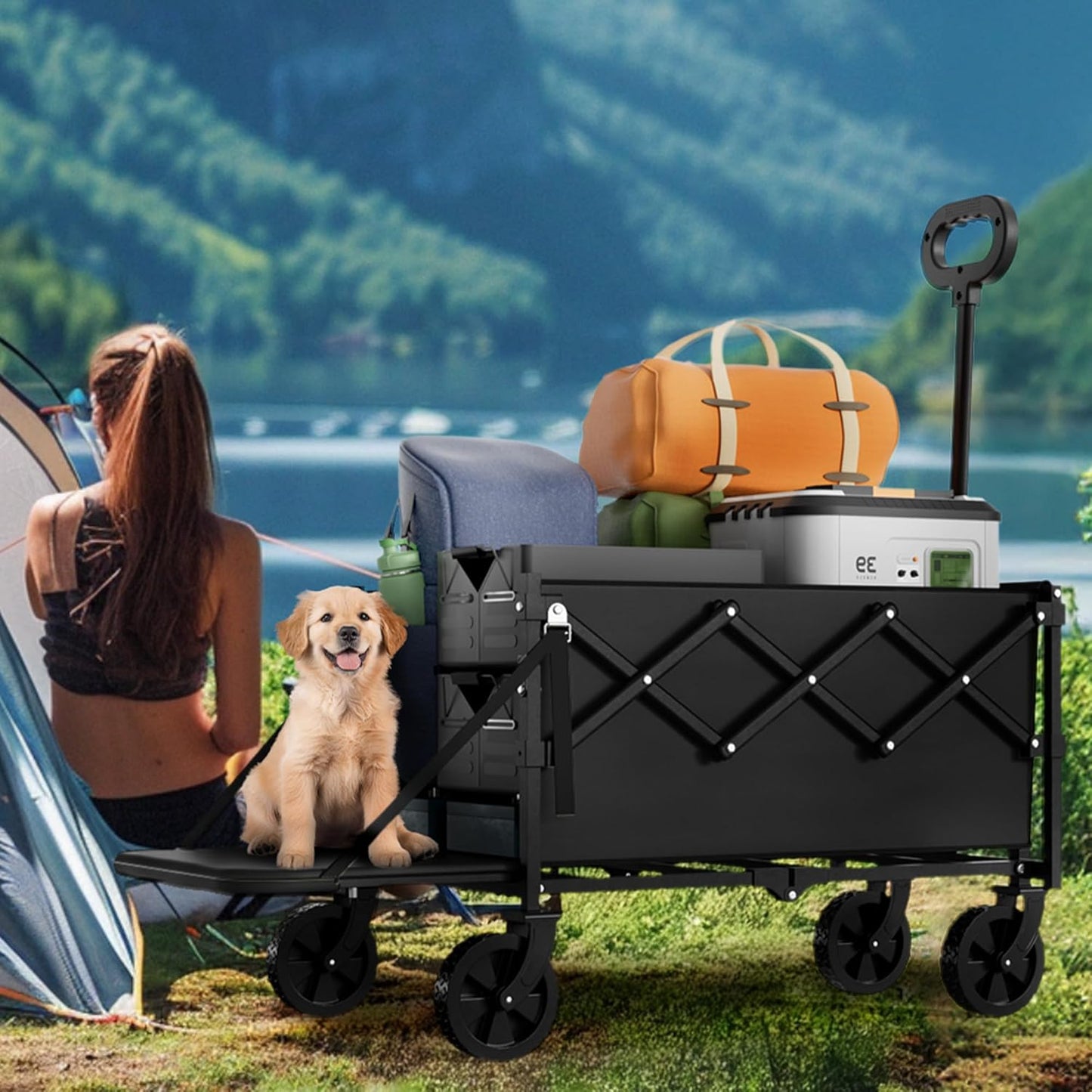 Collapsible Wagon with Wheels & Tailgate, 350LBS Wagons Carts Foldable Heavy Duty, Lightweight Portable Folding Utility Wagon Grocery Shopping Cart for Garden, Camping, Beach (Black)