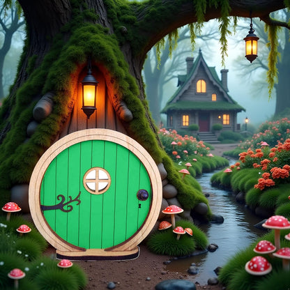 1Pc Fairy Garden Door for Tree, Fairys Doors for Trees Outdoor and Tree Trunk, Mini Fairy Garden Sculpture Lawn Ornament Decor, Fairys Tales Door Decoration，Gardens Miniatures (Green)