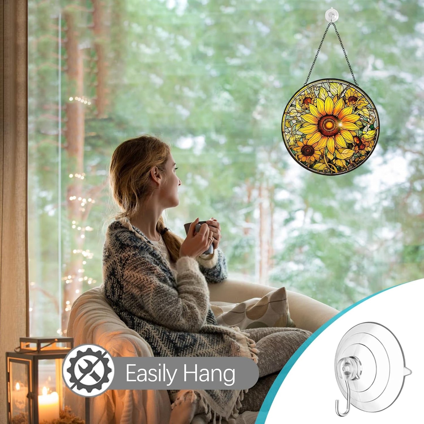 Sunflower Suncatcher Stained Glass Window Hanging Ornaments - 8” Handmade Sun Catchers Indoor Window Outdoor Garden Decor - Wall Art Sun Flower Glass Panel with Hooks - Sunflower Gifts for Women Mom
