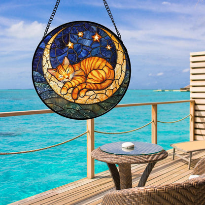 Stained Glass Window Hanging - Orange Moon Sleeping Cat Sun Catcher for Door Home Decor Blue Starry Sky Suncatcher Christmas Mother's Day Birthday Gifts for Women Men Mom Nana 6.3 in