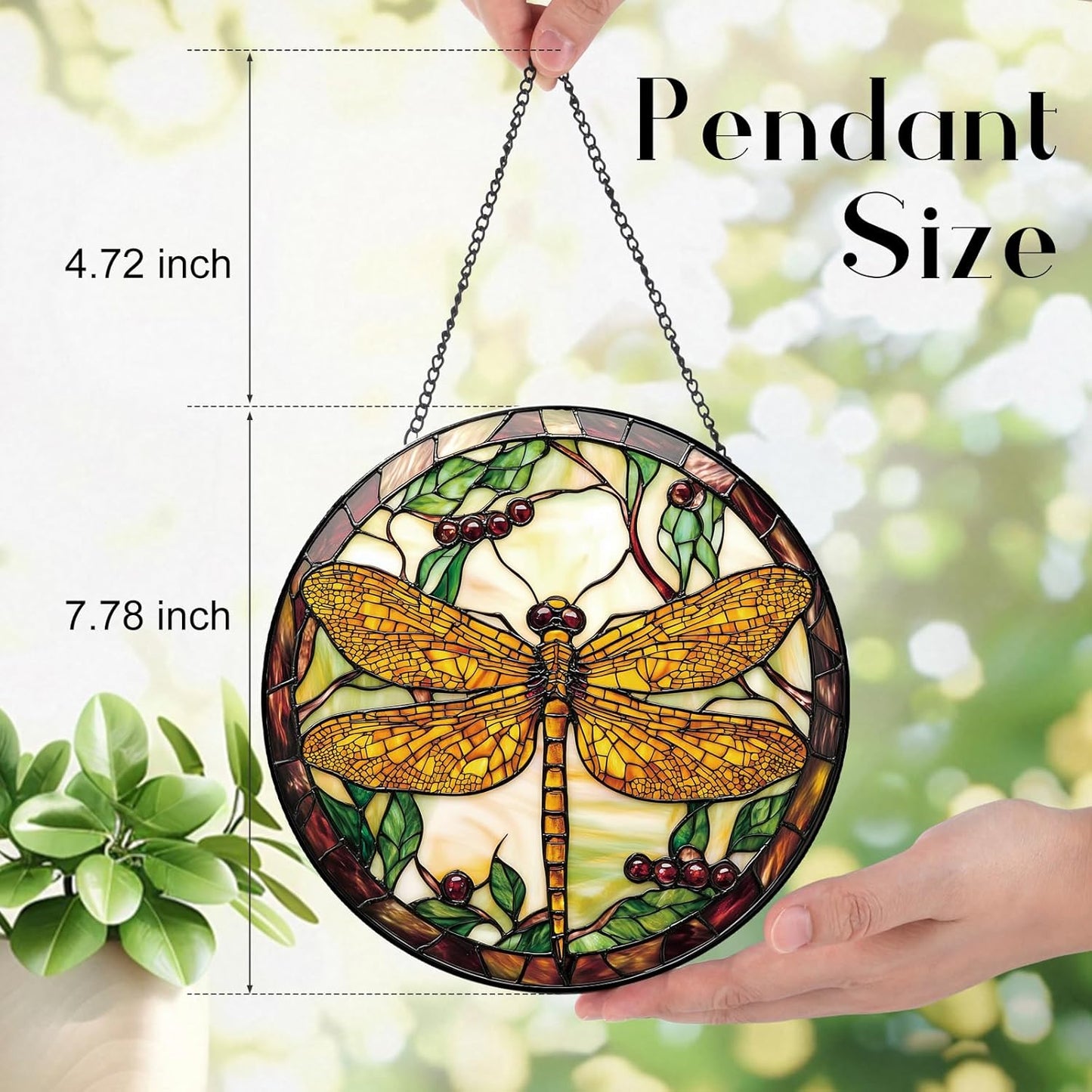 Dragonfly Plant Suncatcher -7.9 in Stained Glass Window Hanging Sun Catcher Garden Decor
