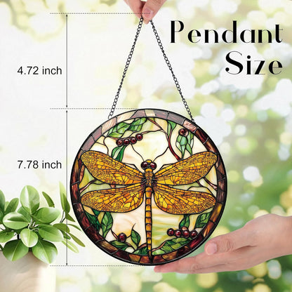 Dragonfly Plant Suncatcher -7.9 in Stained Glass Window Hanging Sun Catcher Garden Decor