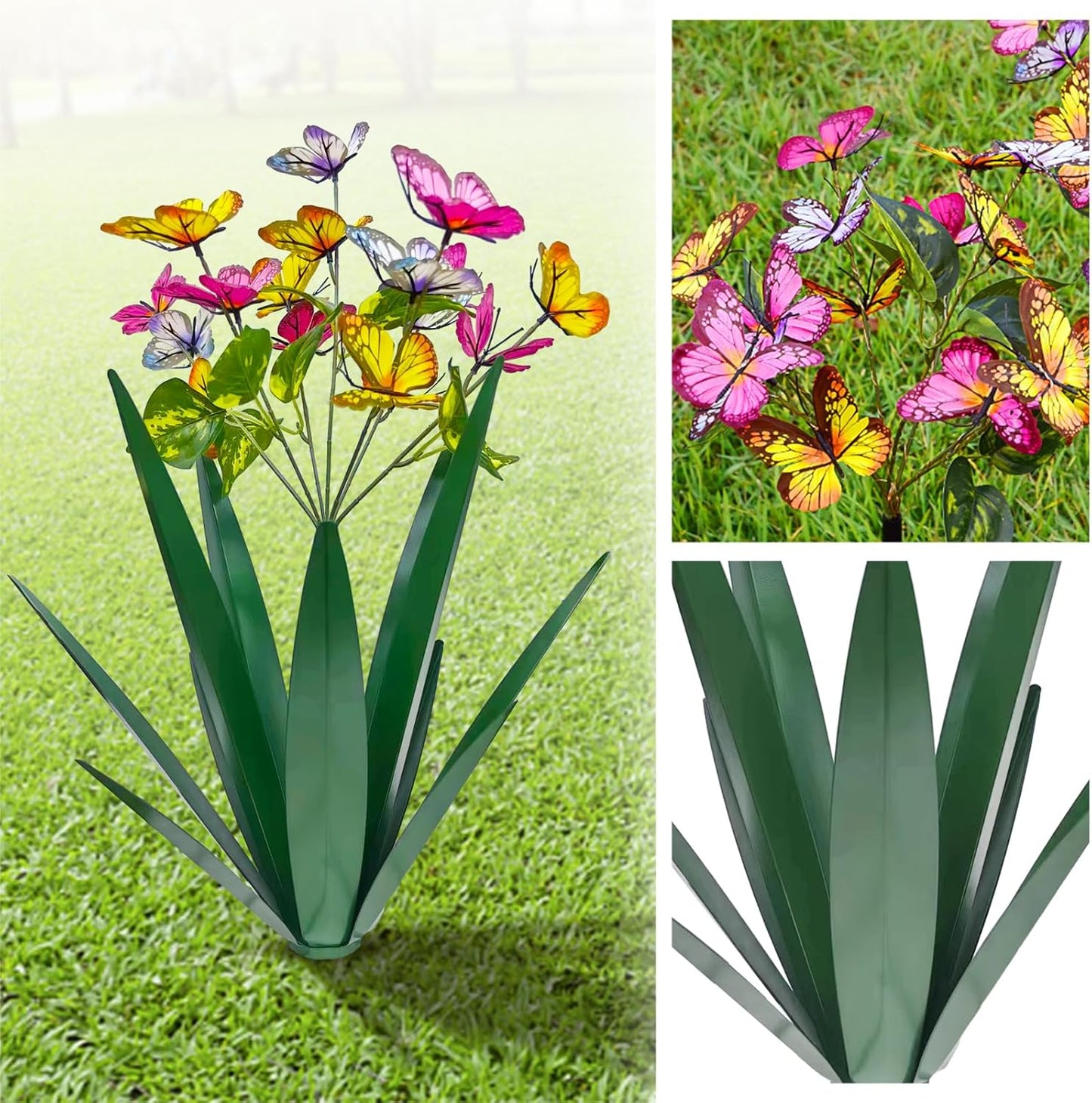 TOMBABY Garden Outdoor Butterfly Enlarge Thickened Wind Resistant Metal Agave Garden Art Metal Plant Country Sculpture Statue Decorations Ornaments Artificial Waterproof Butterflies(Green 3pcs)