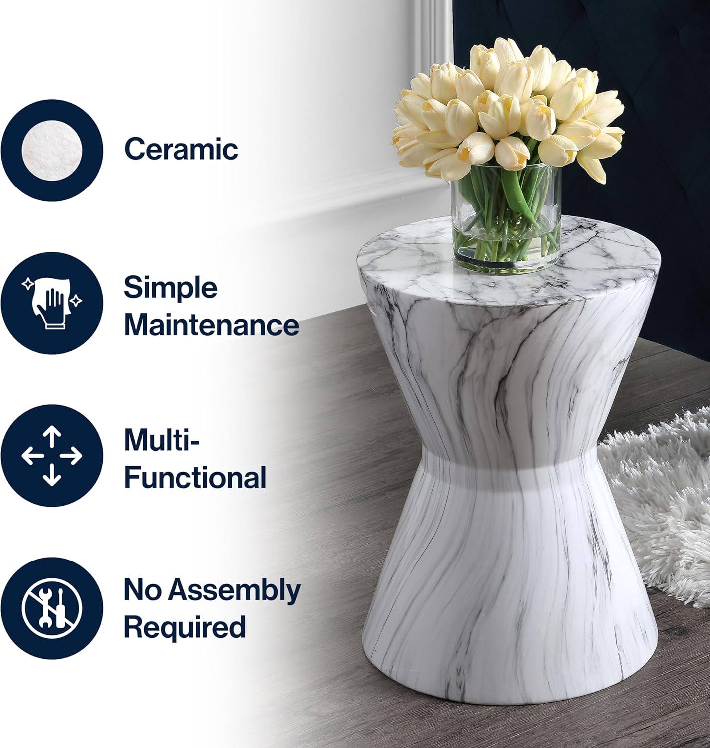 JONATHAN Y TBL1020A African Drum 17.3" White Marble Finish Ceramic Indoor/Outdoor Garden Stool, Contemporary, Midcentury, Modern, Scandinavian, Side Table, Plant Stand,Spill-Proof, White Marble Finish