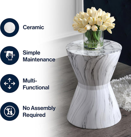 JONATHAN Y TBL1020A African Drum 17.3" White Marble Finish Ceramic Indoor/Outdoor Garden Stool, Contemporary, Midcentury, Modern, Scandinavian, Side Table, Plant Stand,Spill-Proof, White Marble Finish