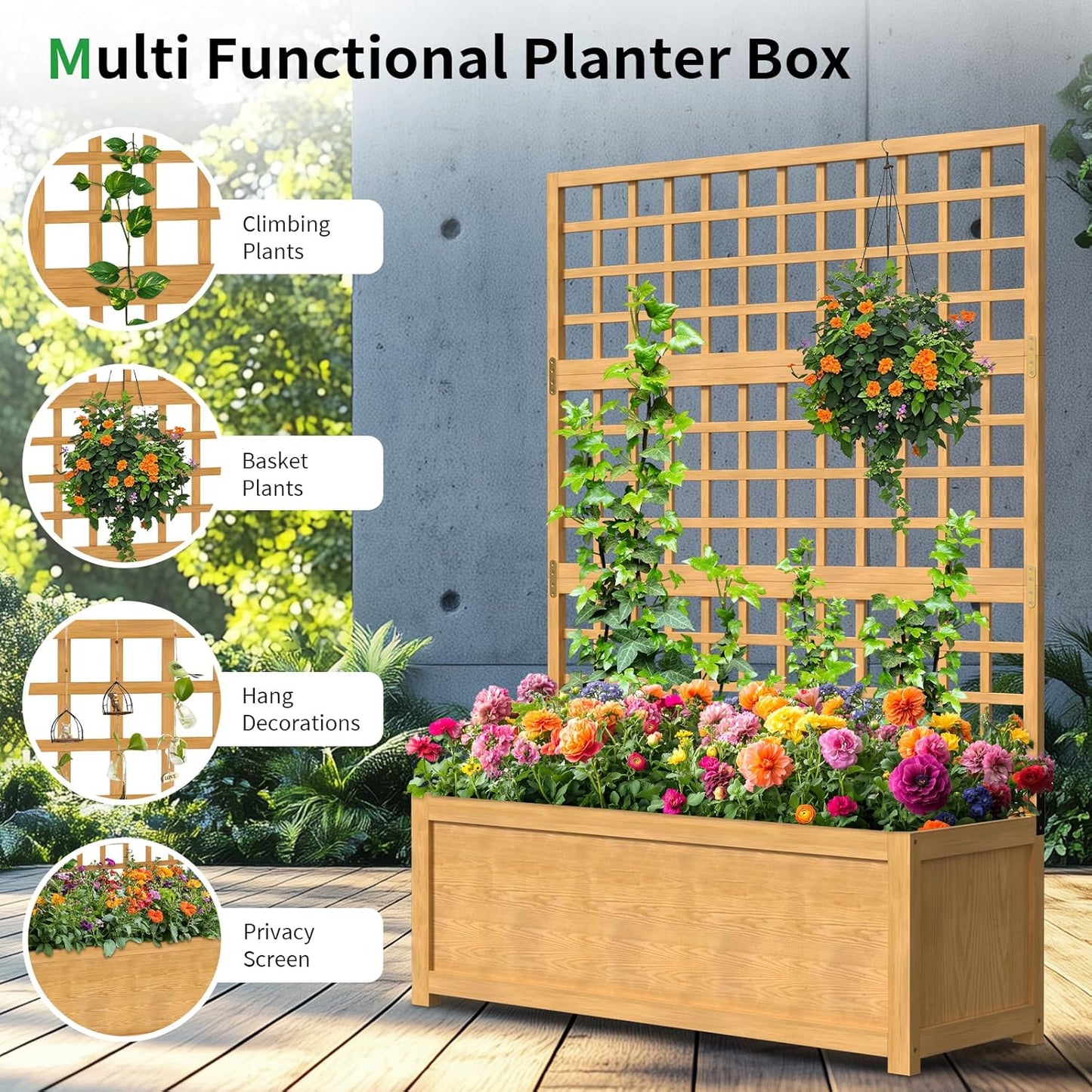 SUNYRISY Raised Garden Bed with Trellis, Wooden Vertical Planter Box with Privacy Screen Outdoor for Climbing Plant Vine Flowers Vegetables, Planter with Hanging Roof and Drainage Holes