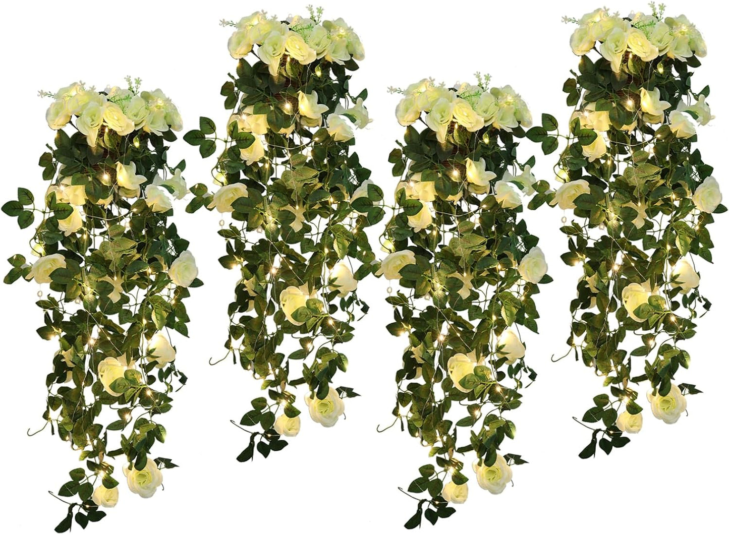 RECUTMS Artificial Rose Vine Plants Hanging 4Pieces 3.3Ft,Fake Light up Vines with 30 LED Lights Decor for Home, Office,Room, Door, Garden,Porch, Wedding Decoration (White)