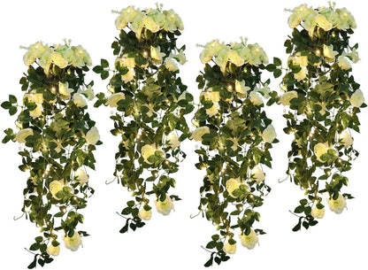 RECUTMS Artificial Rose Vine Plants Hanging 4Pieces 3.3Ft,Fake Light up Vines with 30 LED Lights Decor for Home, Office,Room, Door, Garden,Porch, Wedding Decoration (White)