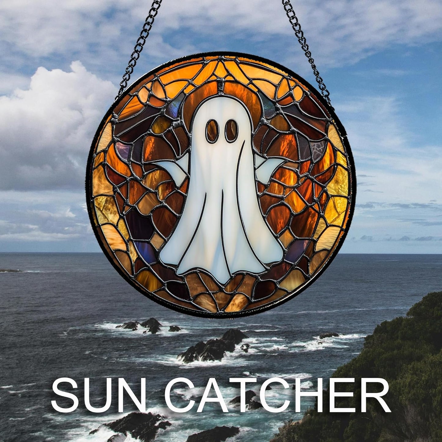 Stained Glass Window Hanging Halloween White Horror Ghost 9.8" - Suncatcher Door Garden Kitchen Sun Catcher Home Gothic Decor Birthday for Mom Men Woman Friend Grandma